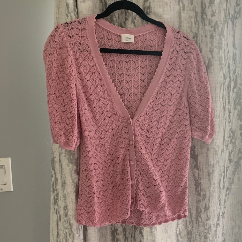 Wilfred Dusty Pink Short-Sleeve Openwork Knit Cardigan